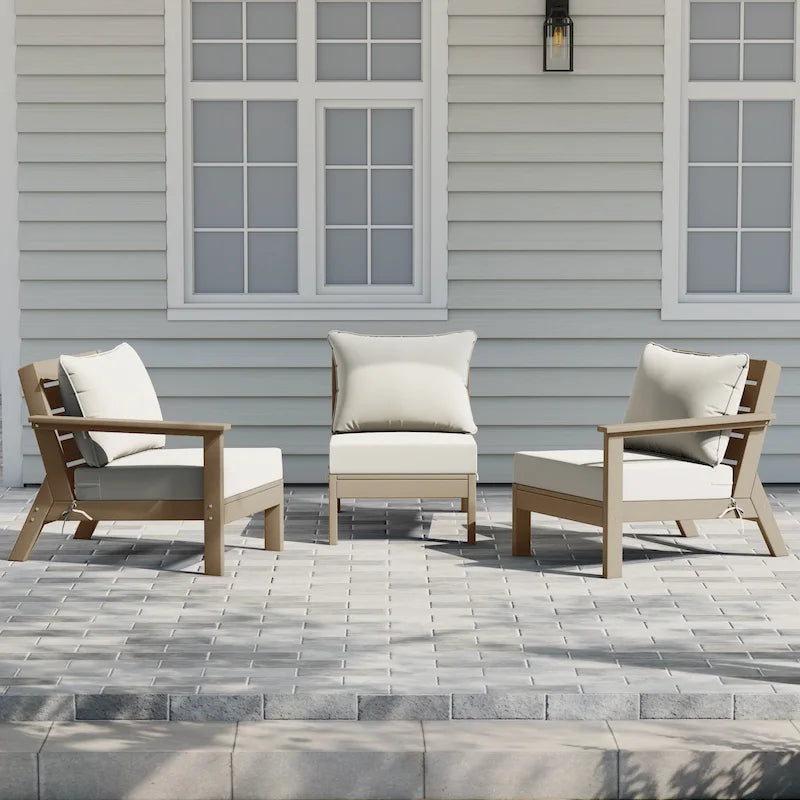 Polytrends Birchwood All Weather HDPE Outdoor Patio Deep Seating Weathered Wood Sofa With Cushions (3-Piece)