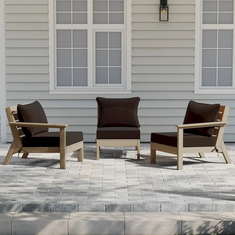 Polytrends Birchwood All Weather HDPE Outdoor Patio Deep Seating Weathered Wood Sofa With Cushions (3-Piece)