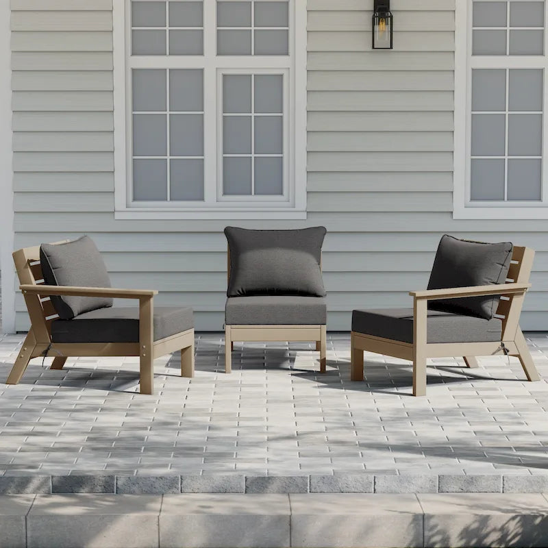 Polytrends Birchwood All Weather HDPE Outdoor Patio Deep Seating Weathered Wood Sofa With Cushions (3-Piece)