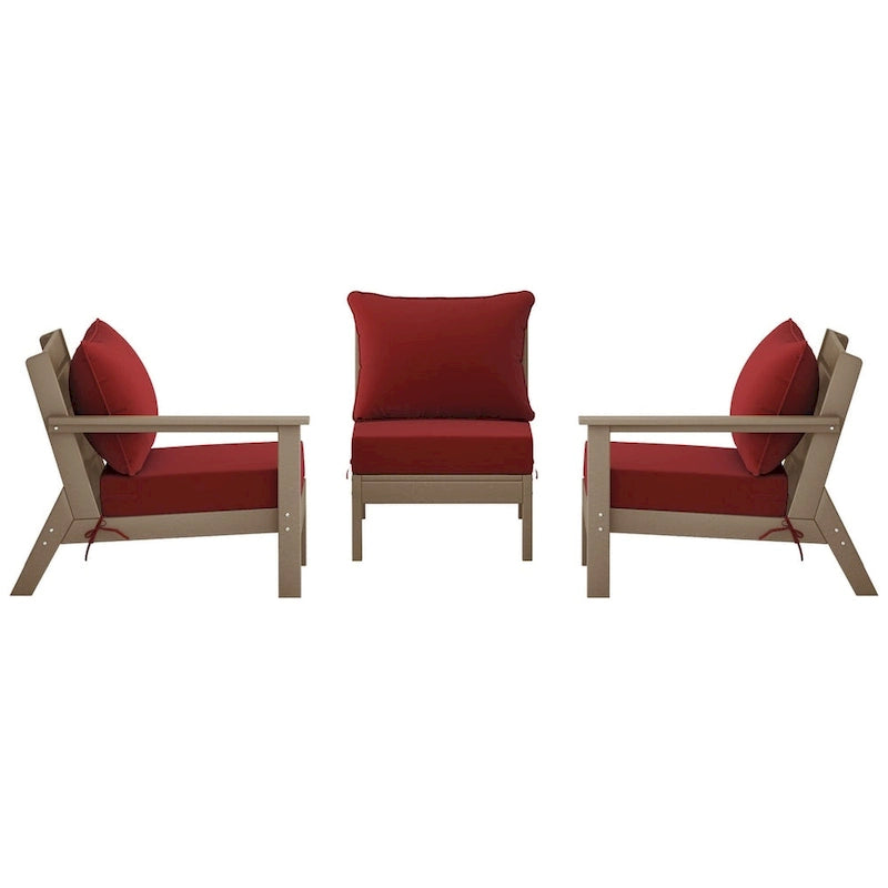 Polytrends Birchwood All Weather HDPE Outdoor Patio Deep Seating Weathered Wood Sofa With Cushions (3-Piece)