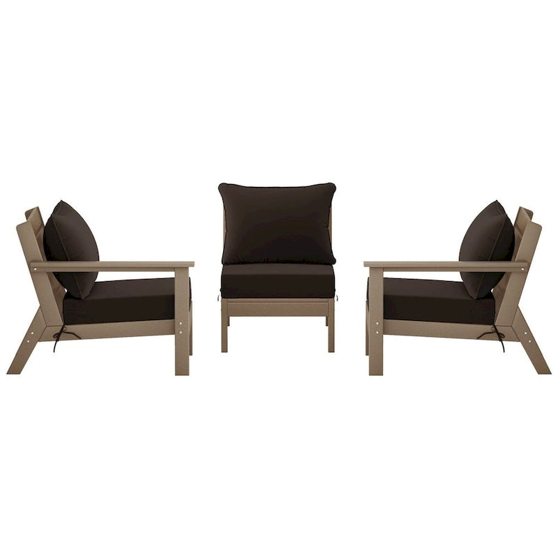 Polytrends Birchwood All Weather HDPE Outdoor Patio Deep Seating Weathered Wood Sofa With Cushions (3-Piece)