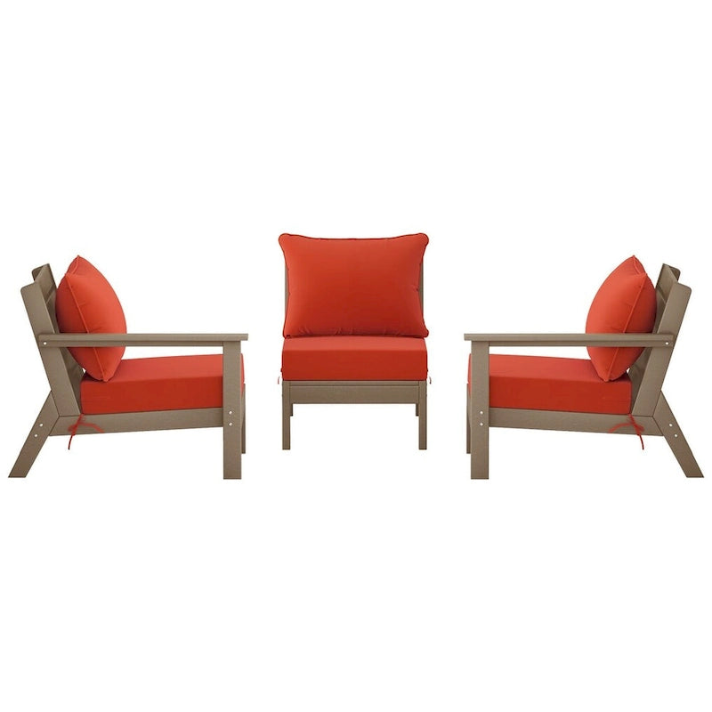 Polytrends Birchwood All Weather HDPE Outdoor Patio Deep Seating Weathered Wood Sofa With Cushions (3-Piece)