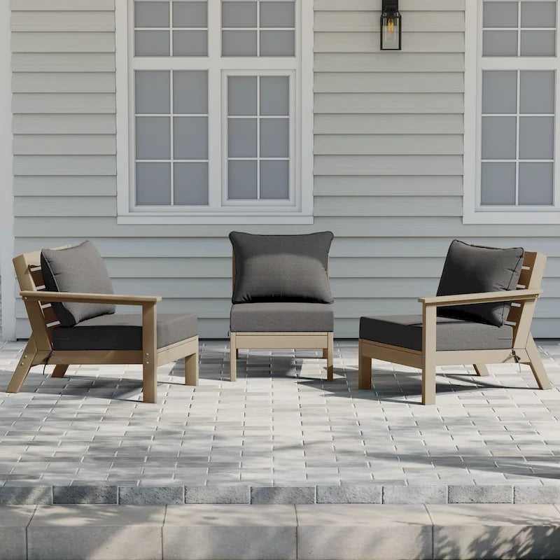 Polytrends Birchwood All Weather HDPE Outdoor Patio Deep Seating Weathered Wood Sofa With Cushions (3-Piece)