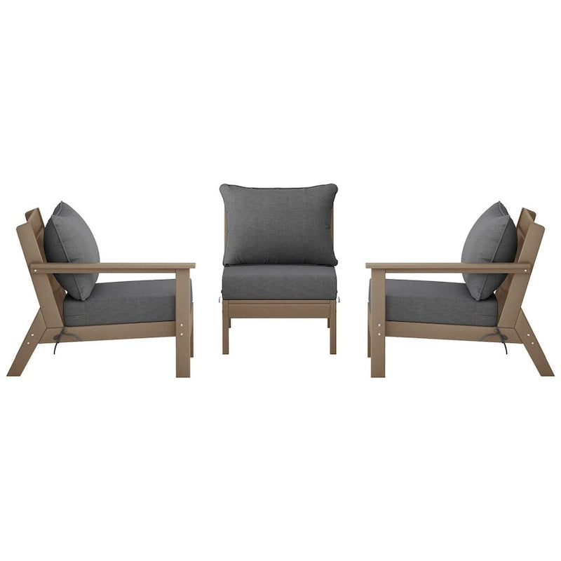 Polytrends Birchwood All Weather HDPE Outdoor Patio Deep Seating Weathered Wood Sofa With Cushions (3-Piece)