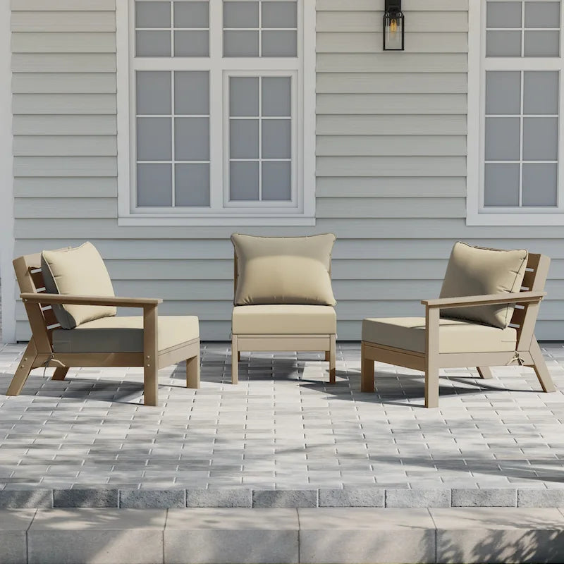 Polytrends Birchwood All Weather HDPE Outdoor Patio Deep Seating Weathered Wood Sofa With Cushions (3-Piece)