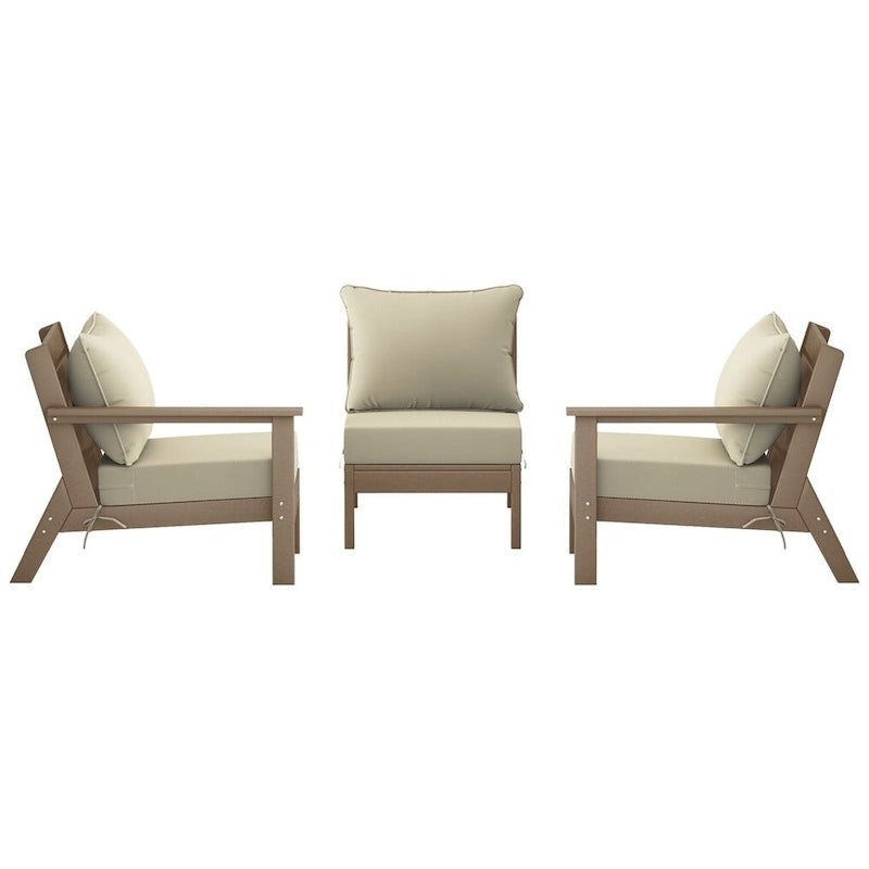Polytrends Birchwood All Weather HDPE Outdoor Patio Deep Seating Weathered Wood Sofa With Cushions (3-Piece)