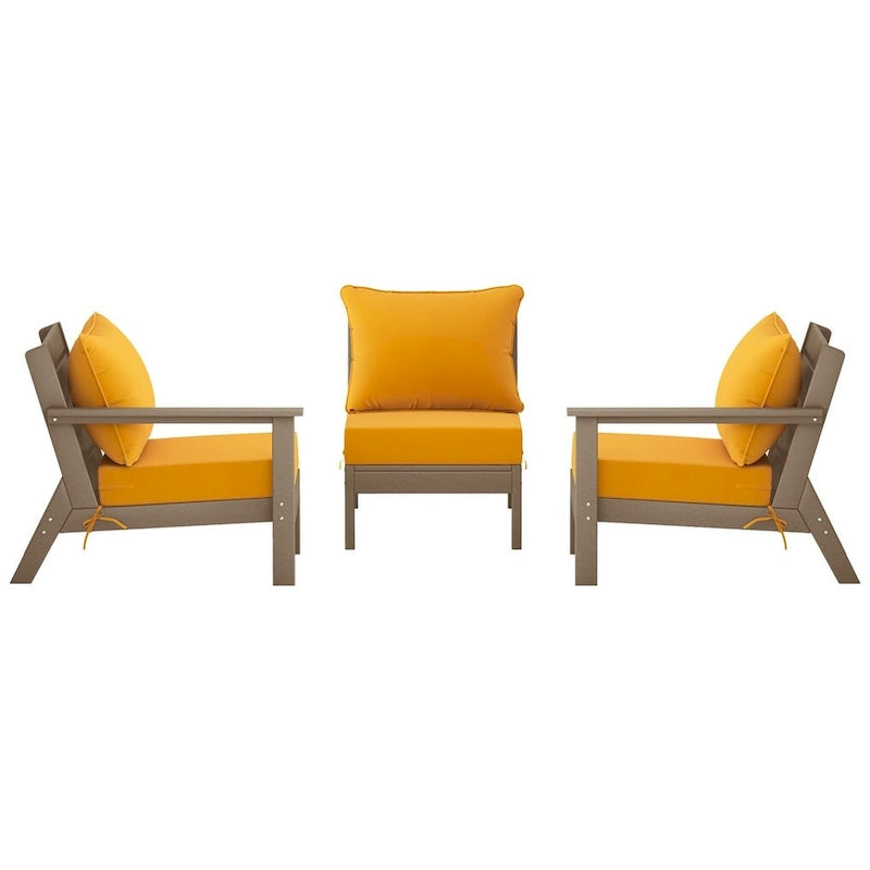 Polytrends Birchwood All Weather HDPE Outdoor Patio Deep Seating Weathered Wood Sofa With Cushions (3-Piece)
