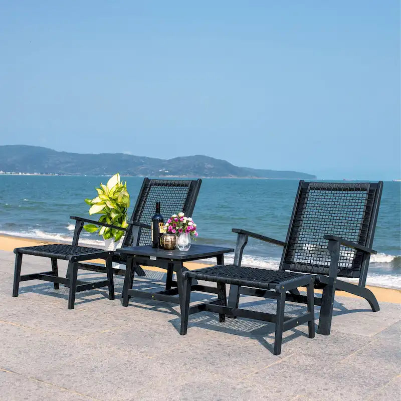 SAFAVIEH Chantelle Outdoor Solid Wood Chaise Lounge Chair and Stool Set of 2 (Includes End Table) - 27W x 35D x 33H
