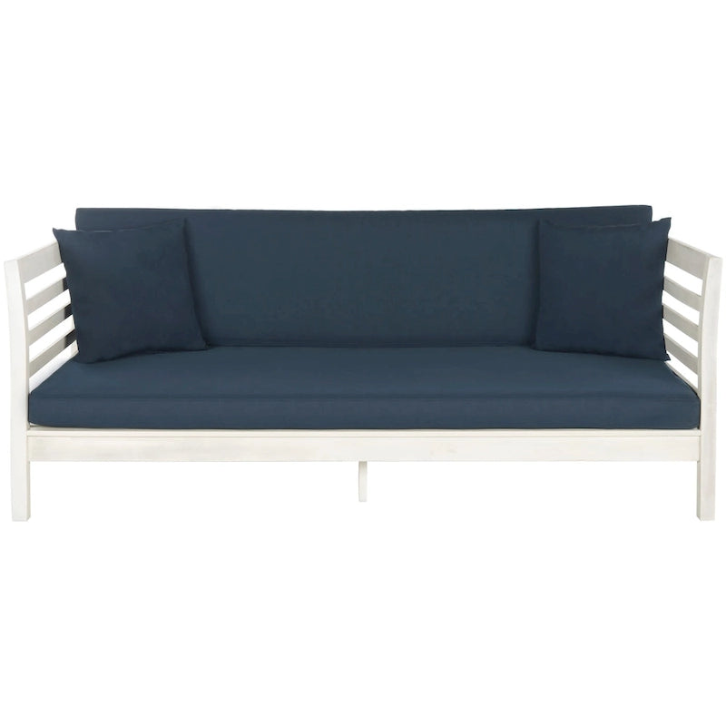 SAFAVIEH Outdoor Living Malibu Antiqued White/Navy Acacia Wood Cushioned Daybed - 39W x 72D x 27H