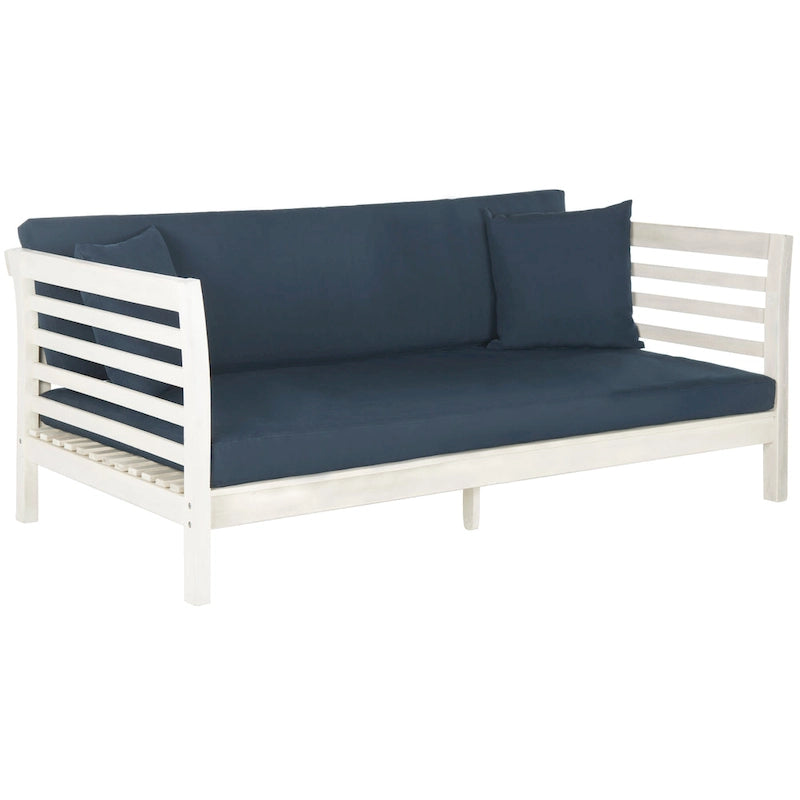 SAFAVIEH Outdoor Living Malibu Antiqued White/Navy Acacia Wood Cushioned Daybed - 39W x 72D x 27H