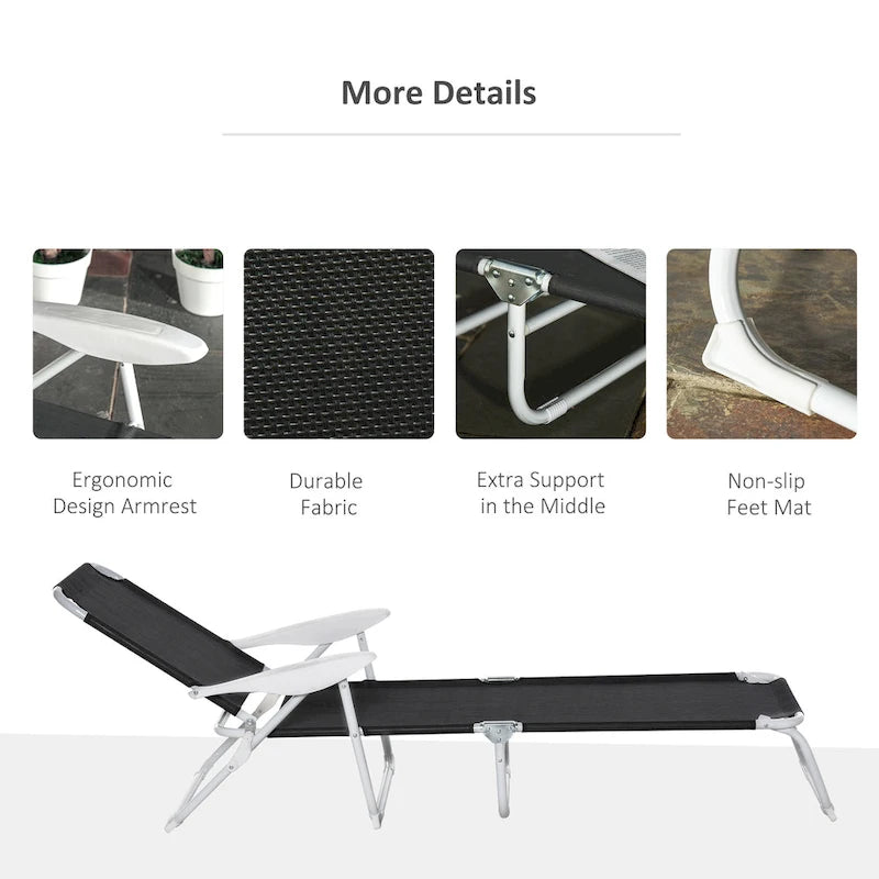 Folding Chaise Lounge, Outdoor Sun Tanning Chair, 4-Position Reclining Back, Armrests