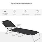 Folding Chaise Lounge, Outdoor Sun Tanning Chair, 4-Position Reclining Back, Armrests