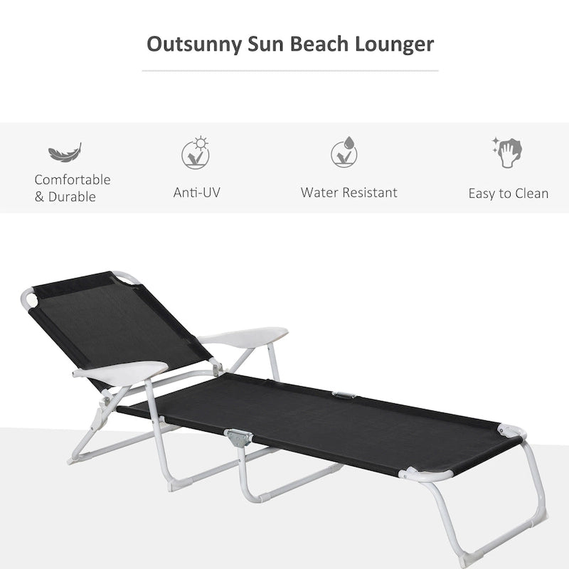 Folding Chaise Lounge, Outdoor Sun Tanning Chair, 4-Position Reclining Back, Armrests