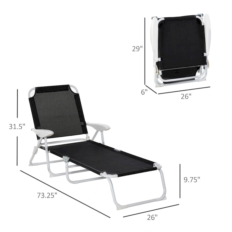 Folding Chaise Lounge, Outdoor Sun Tanning Chair, 4-Position Reclining Back, Armrests