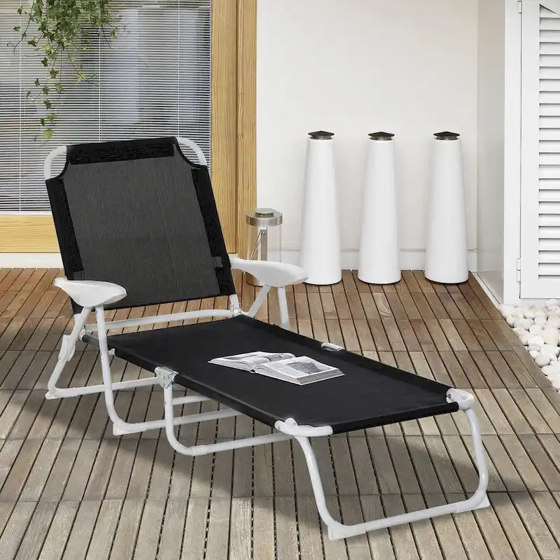 Folding Chaise Lounge, Outdoor Sun Tanning Chair, 4-Position Reclining Back, Armrests