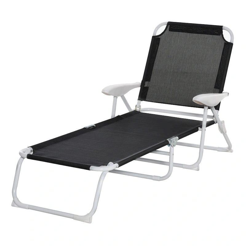 Folding Chaise Lounge, Outdoor Sun Tanning Chair, 4-Position Reclining Back, Armrests