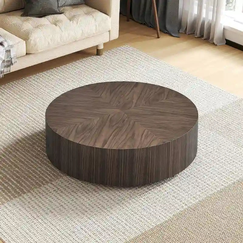 35.43 Modern Round Coffee Table with Solid Wood Base, Wood Grain Top, Ideal for Living Room, Bedroom, Apartment