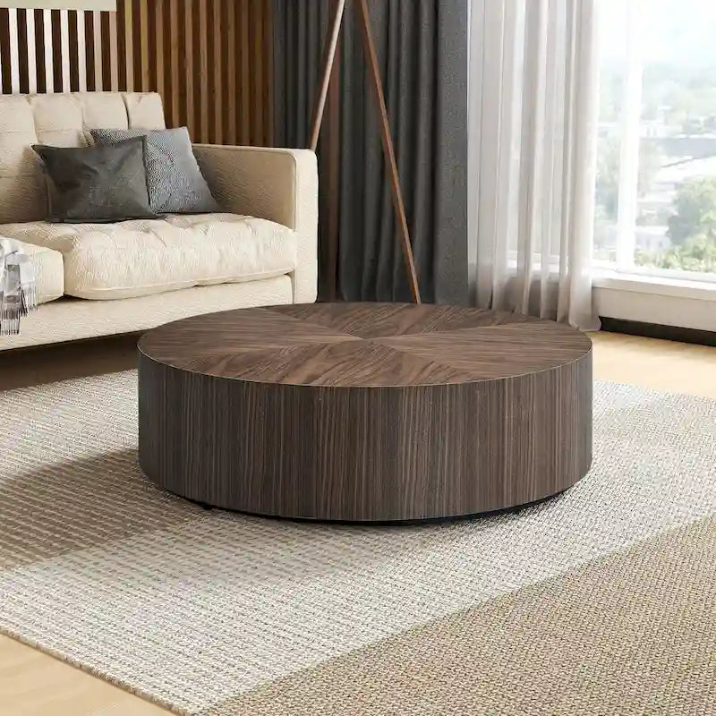 35.43 Modern Round Coffee Table with Solid Wood Base, Wood Grain Top, Ideal for Living Room, Bedroom, Apartment