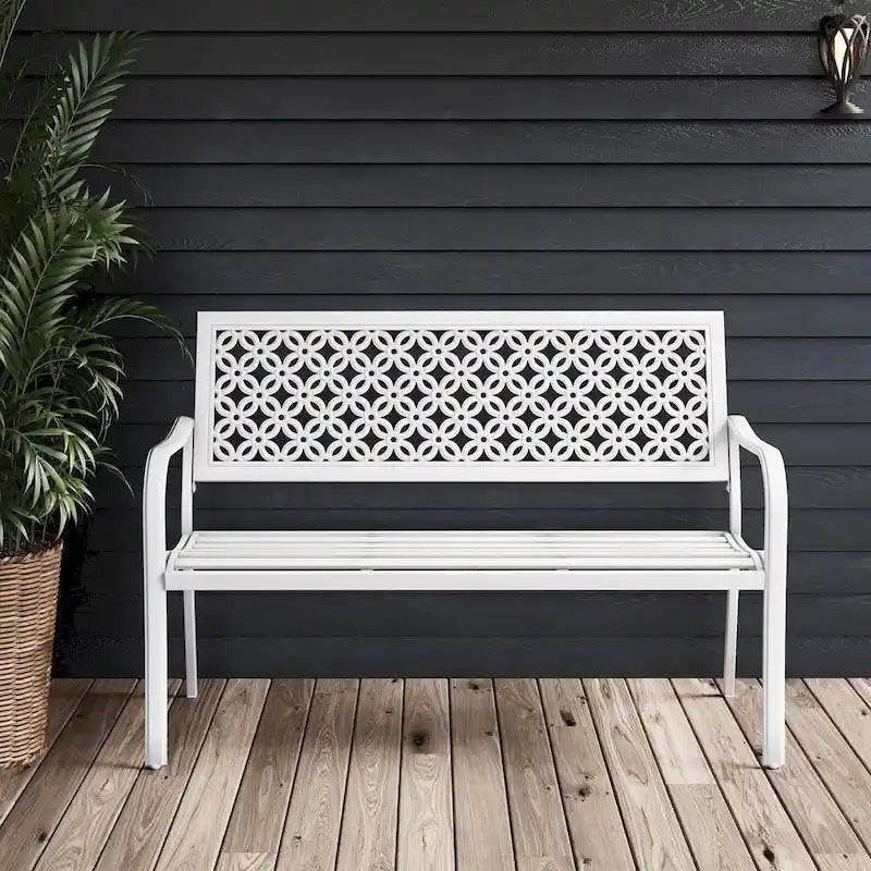 Outdoor Garden Bench with Anti-Rust Metal Powder Coated Frame, Patio Bench for Front Porch Park