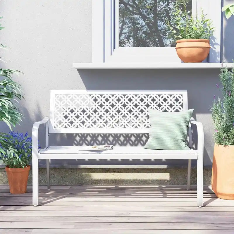 Outdoor Garden Bench with Anti-Rust Metal Powder Coated Frame, Patio Bench for Front Porch Park