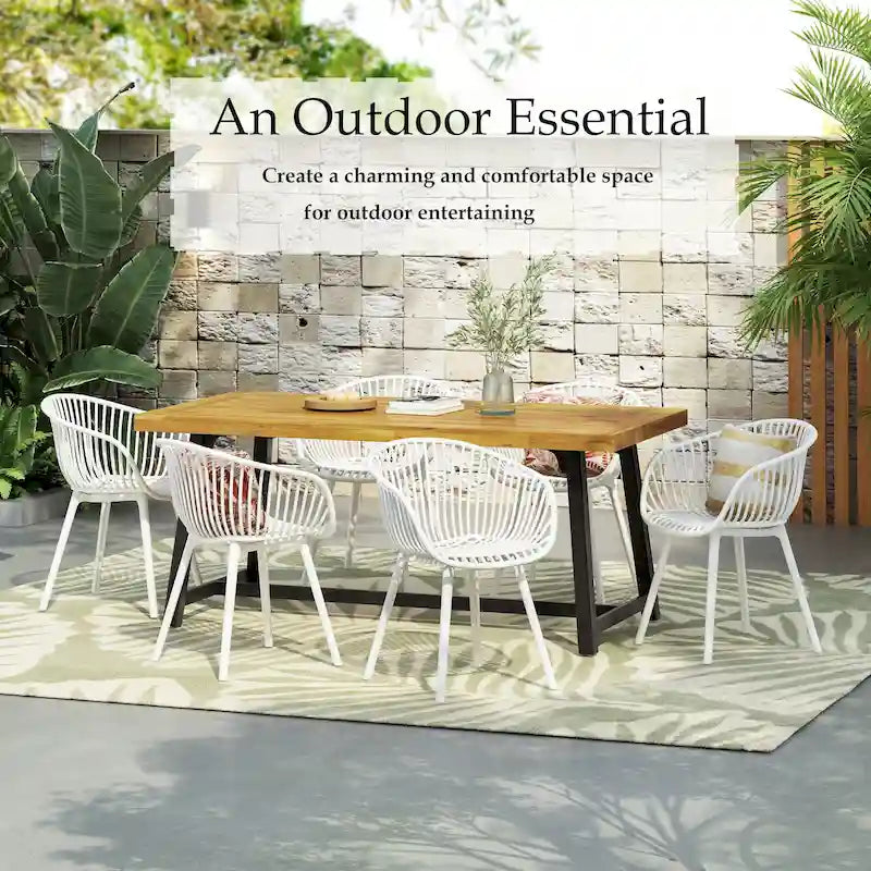 Patricia Outdoor 7-Piece Dining Sets Acacia Wood Table with Polypropylene Accent Chairs by Christopher Knight Home