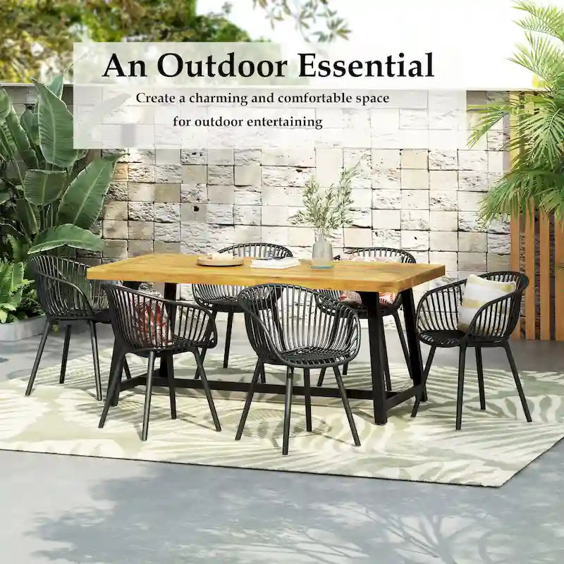 Patricia Outdoor 7-Piece Dining Sets Acacia Wood Table with Polypropylene Accent Chairs by Christopher Knight Home