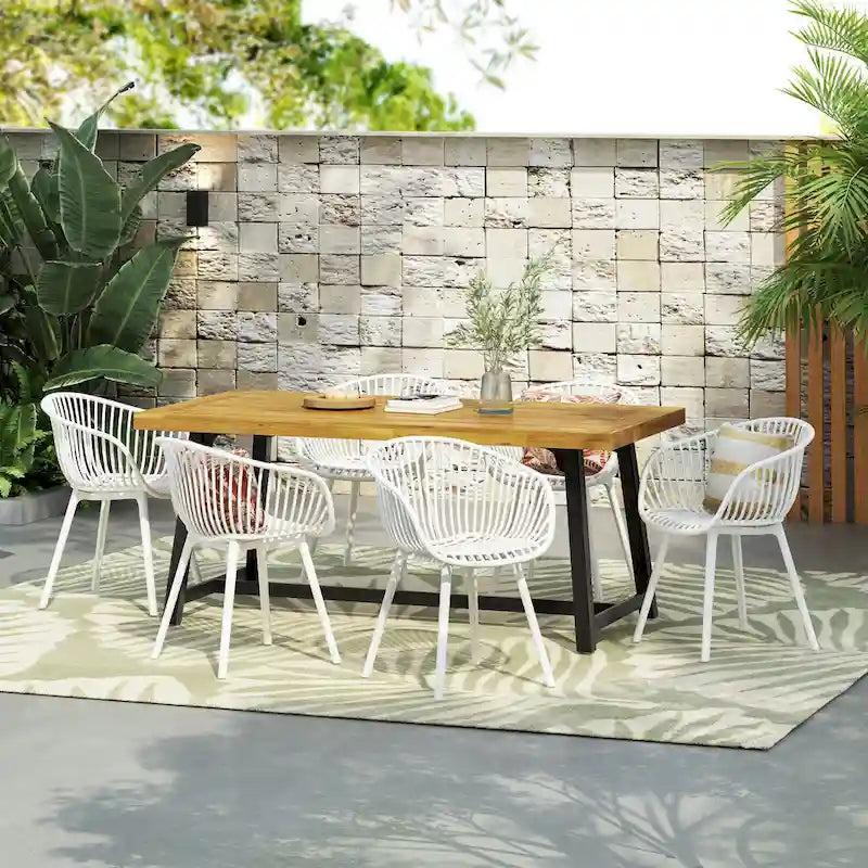Patricia Outdoor 7-Piece Dining Sets Acacia Wood Table with Polypropylene Accent Chairs by Christopher Knight Home