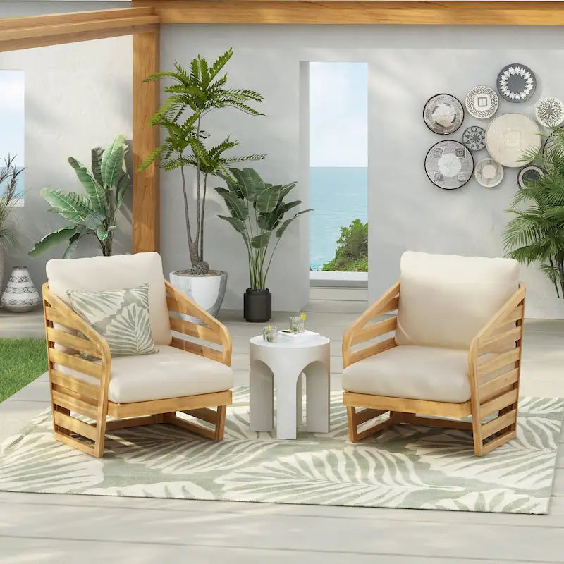 Lenrn Wood Textilene Club Chair with Acacia Frame and Water-Resistant Cushions by Christopher Knight Home