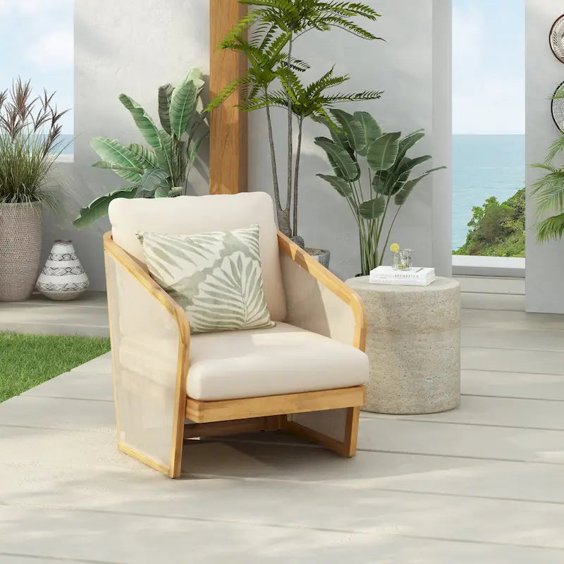 Lenrn Wood Textilene Club Chair with Acacia Frame and Water-Resistant Cushions by Christopher Knight Home