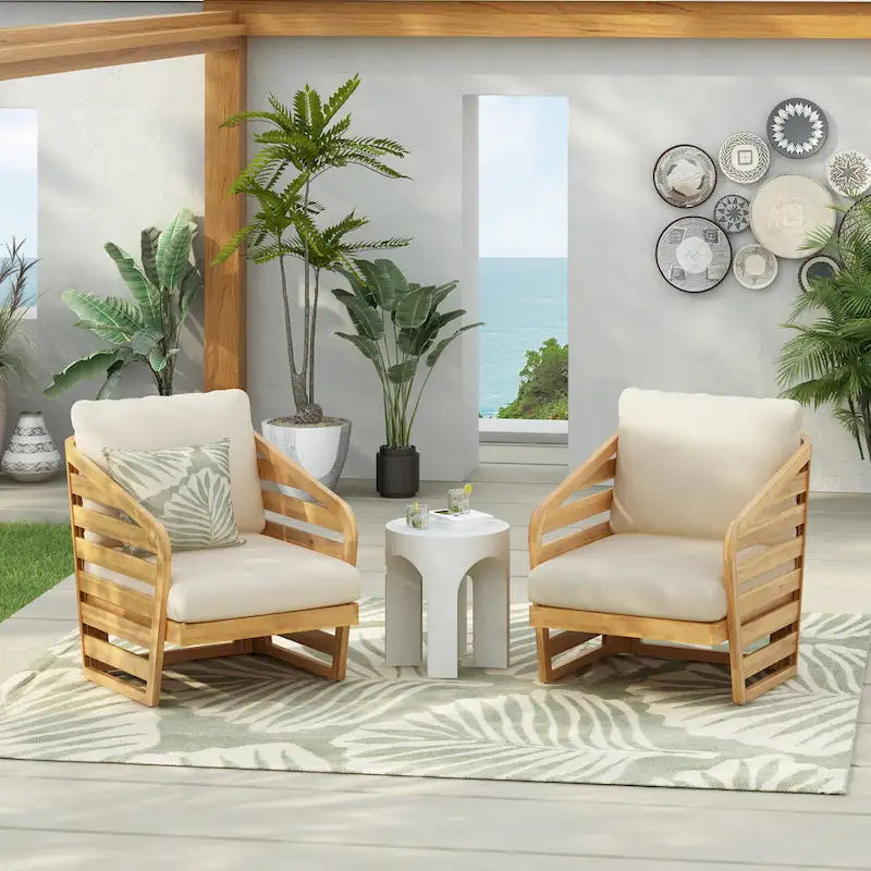 Lenrn Wood Textilene Club Chair with Acacia Frame and Water-Resistant Cushions by Christopher Knight Home