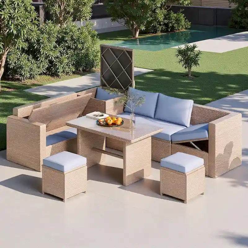 6-Piece Outdoor Rattan Modular Sectional Sofa Set with Adjustable Seat, Storage Box, and Dining Table