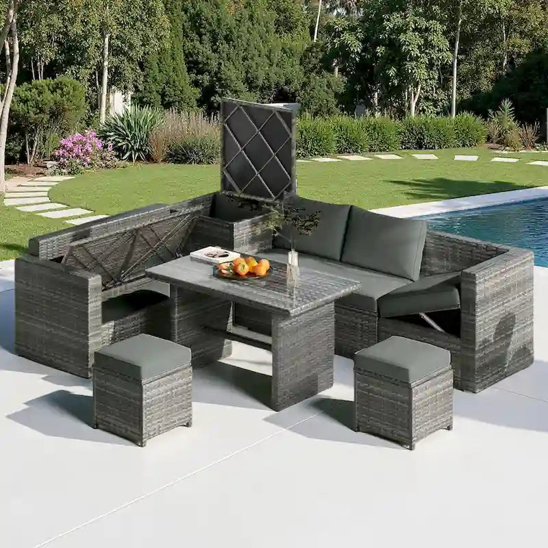 6-Piece Outdoor Rattan Modular Sectional Sofa Set with Adjustable Seat, Storage Box, and Dining Table