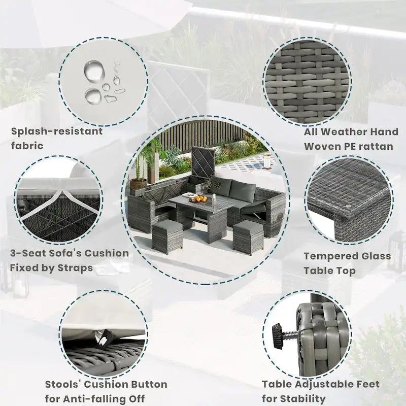 6-Piece Outdoor Rattan Modular Sectional Sofa Set with Adjustable Seat, Storage Box, and Dining Table