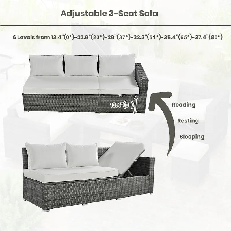 6-Piece Outdoor Rattan Modular Sectional Sofa Set with Adjustable Seat, Storage Box, and Dining Table