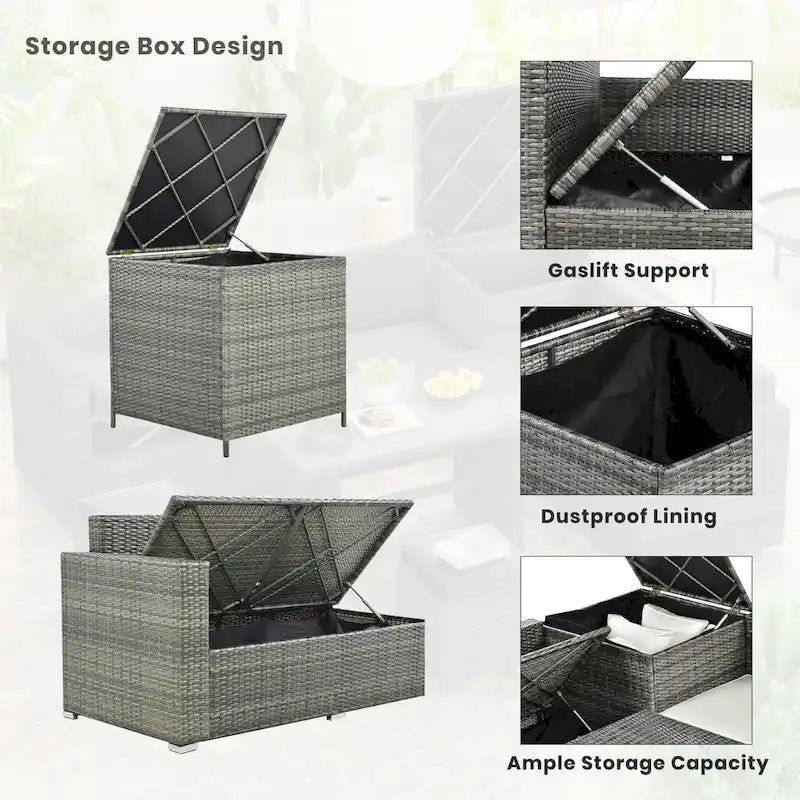 6-Piece Outdoor Rattan Modular Sectional Sofa Set with Adjustable Seat, Storage Box, and Dining Table