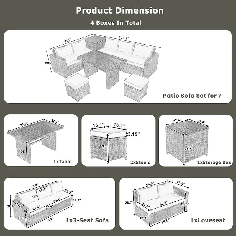 6-Piece Outdoor Rattan Modular Sectional Sofa Set with Adjustable Seat, Storage Box, and Dining Table