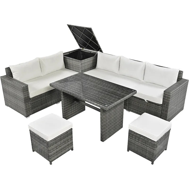 6-Piece Outdoor Rattan Modular Sectional Sofa Set with Adjustable Seat, Storage Box, and Dining Table