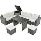 6-Piece Outdoor Rattan Modular Sectional Sofa Set with Adjustable Seat, Storage Box, and Dining Table