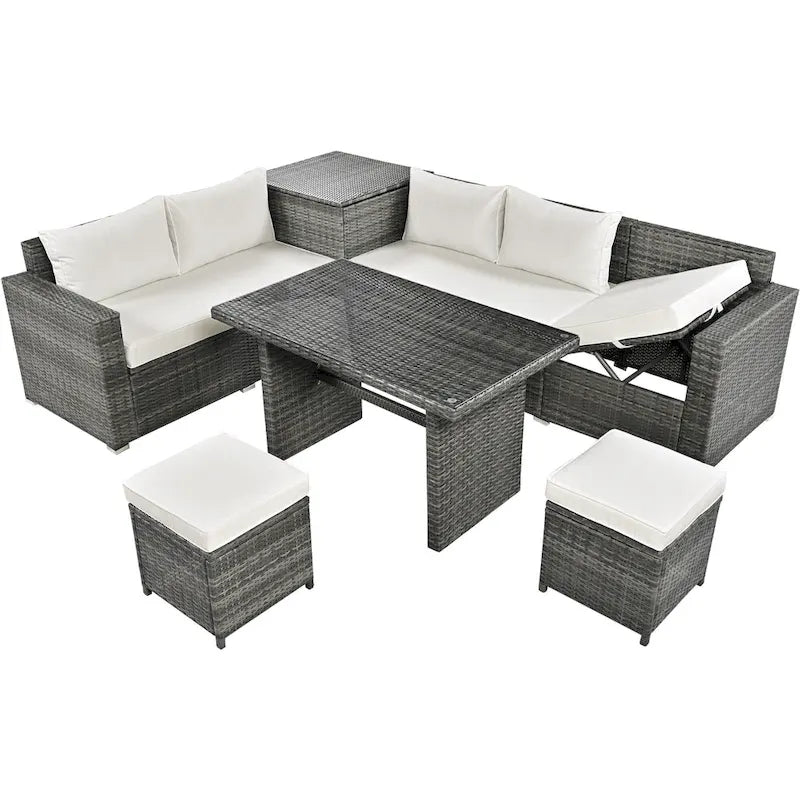 6-Piece Outdoor Rattan Modular Sectional Sofa Set with Adjustable Seat, Storage Box, and Dining Table