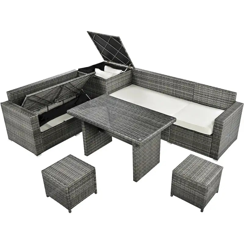 6-Piece Outdoor Rattan Modular Sectional Sofa Set with Adjustable Seat, Storage Box, and Dining Table