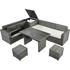 6-Piece Outdoor Rattan Modular Sectional Sofa Set with Adjustable Seat, Storage Box, and Dining Table