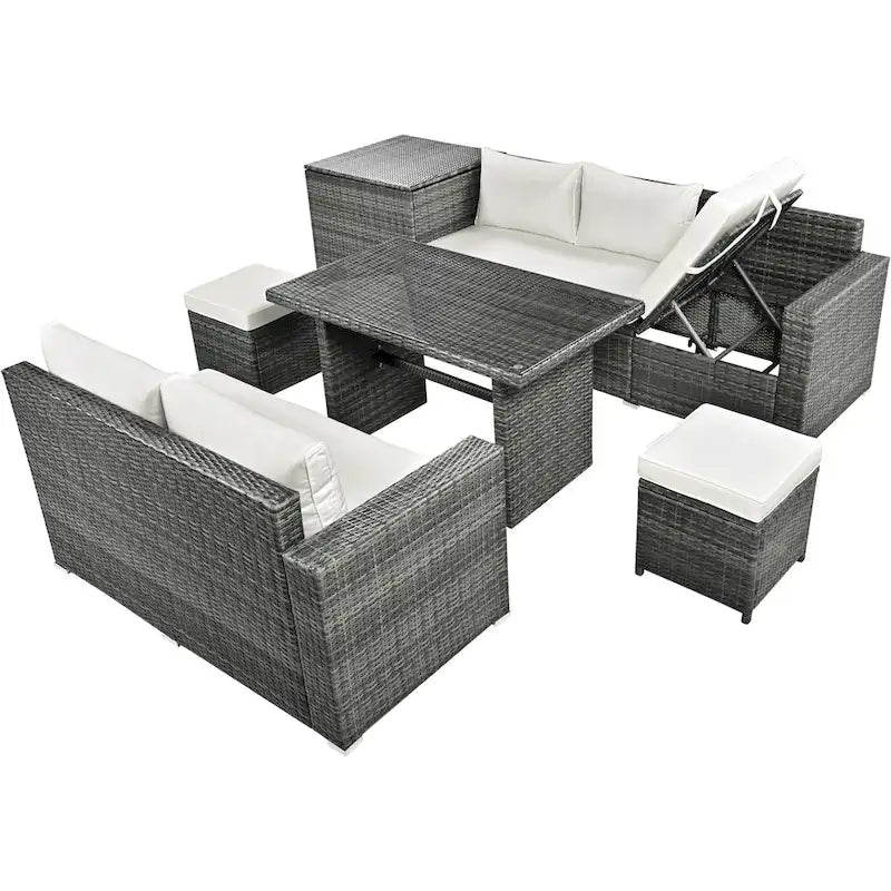 6-Piece Outdoor Rattan Modular Sectional Sofa Set with Adjustable Seat, Storage Box, and Dining Table
