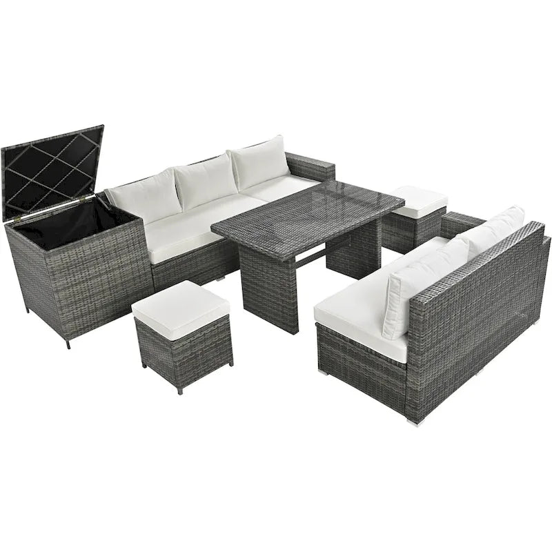 6-Piece Outdoor Rattan Modular Sectional Sofa Set with Adjustable Seat, Storage Box, and Dining Table