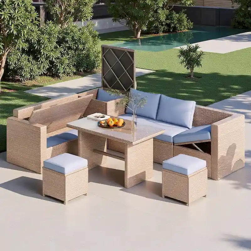 6-Piece Outdoor Rattan Modular Sectional Sofa Set with Adjustable Seat, Storage Box, and Dining Table