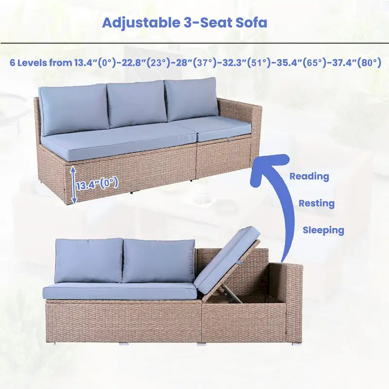 6-Piece Outdoor Rattan Modular Sectional Sofa Set with Adjustable Seat, Storage Box, and Dining Table