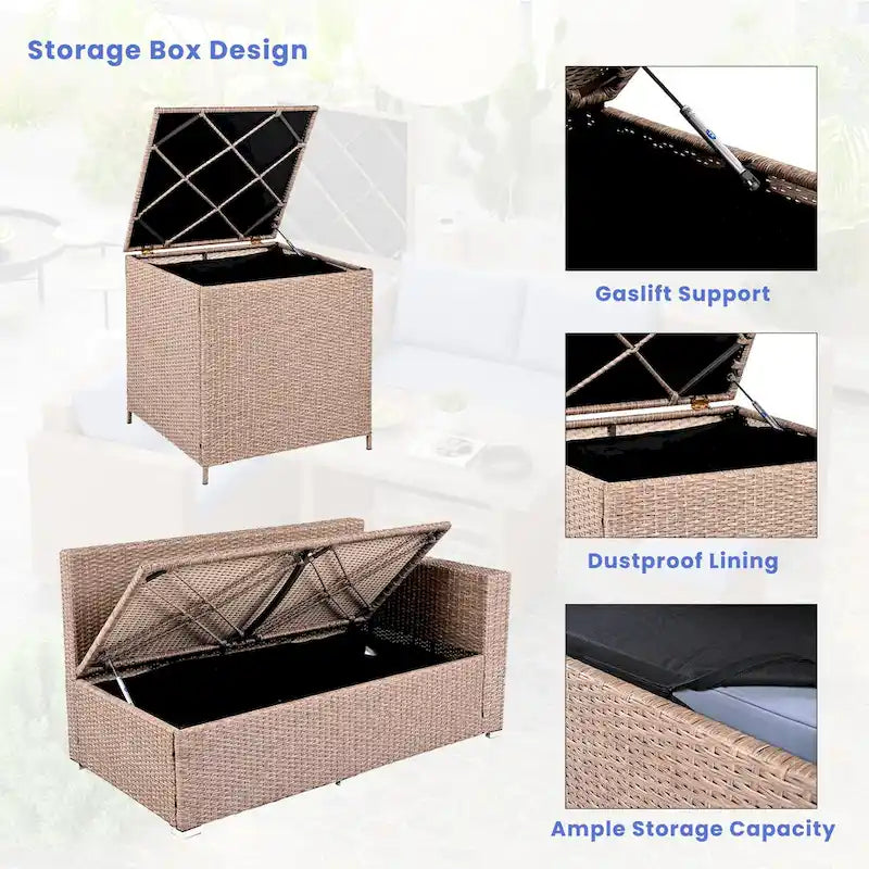 6-Piece Outdoor Rattan Modular Sectional Sofa Set with Adjustable Seat, Storage Box, and Dining Table