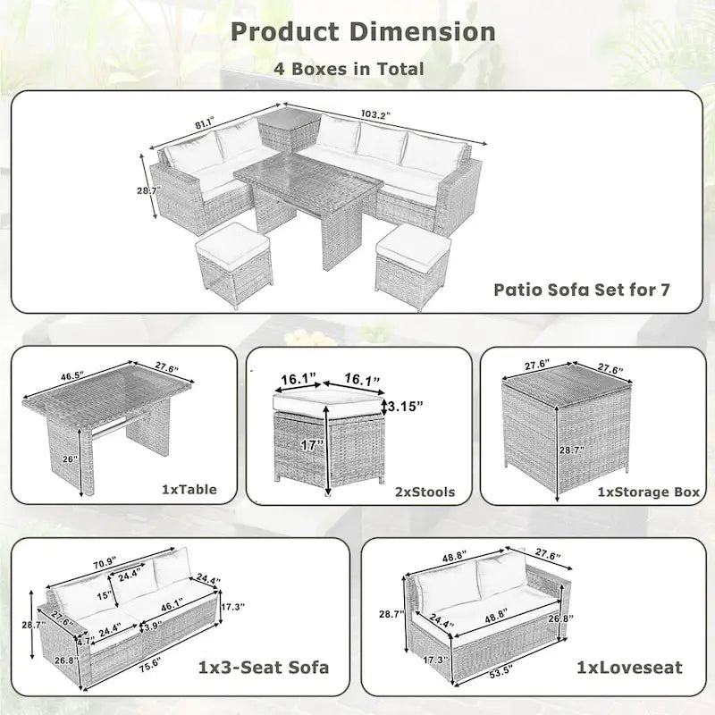6-Piece Outdoor Rattan Modular Sectional Sofa Set with Adjustable Seat, Storage Box, and Dining Table