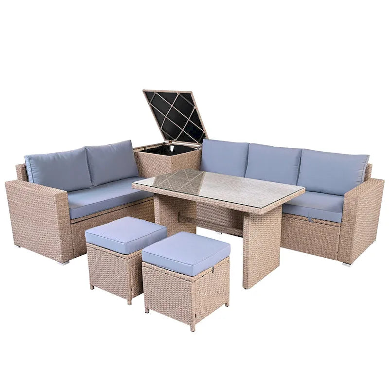 6-Piece Outdoor Rattan Modular Sectional Sofa Set with Adjustable Seat, Storage Box, and Dining Table