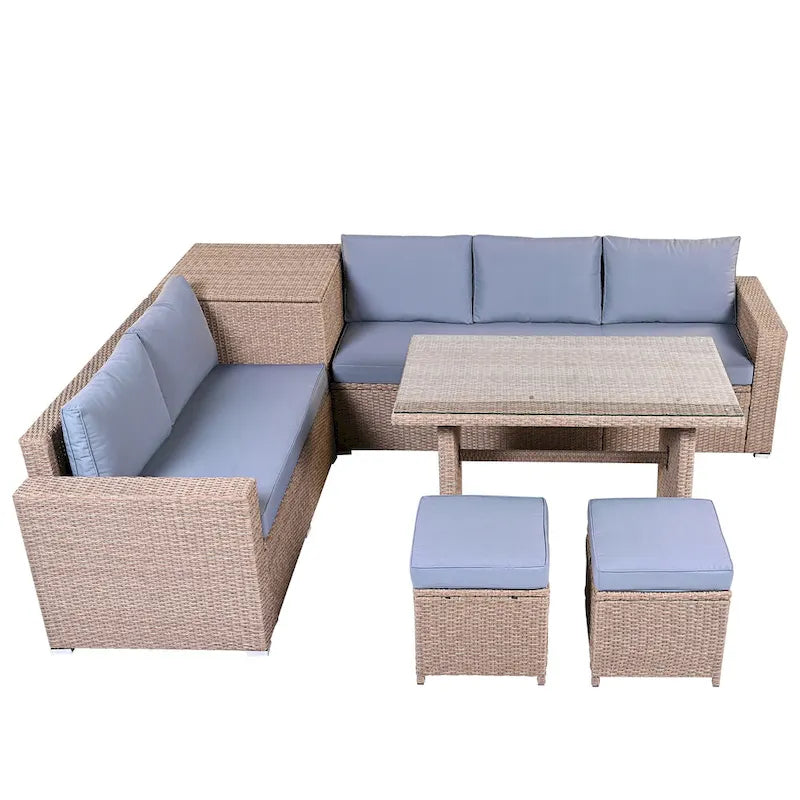 6-Piece Outdoor Rattan Modular Sectional Sofa Set with Adjustable Seat, Storage Box, and Dining Table