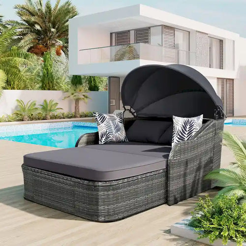 79.9 Outdoor PE Rattan Daybed with Adjustable Canopy